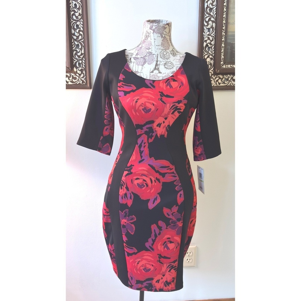 NWT Sangria Black Red Floral Print 3/4 Sleeve Sheath Dress Size 4